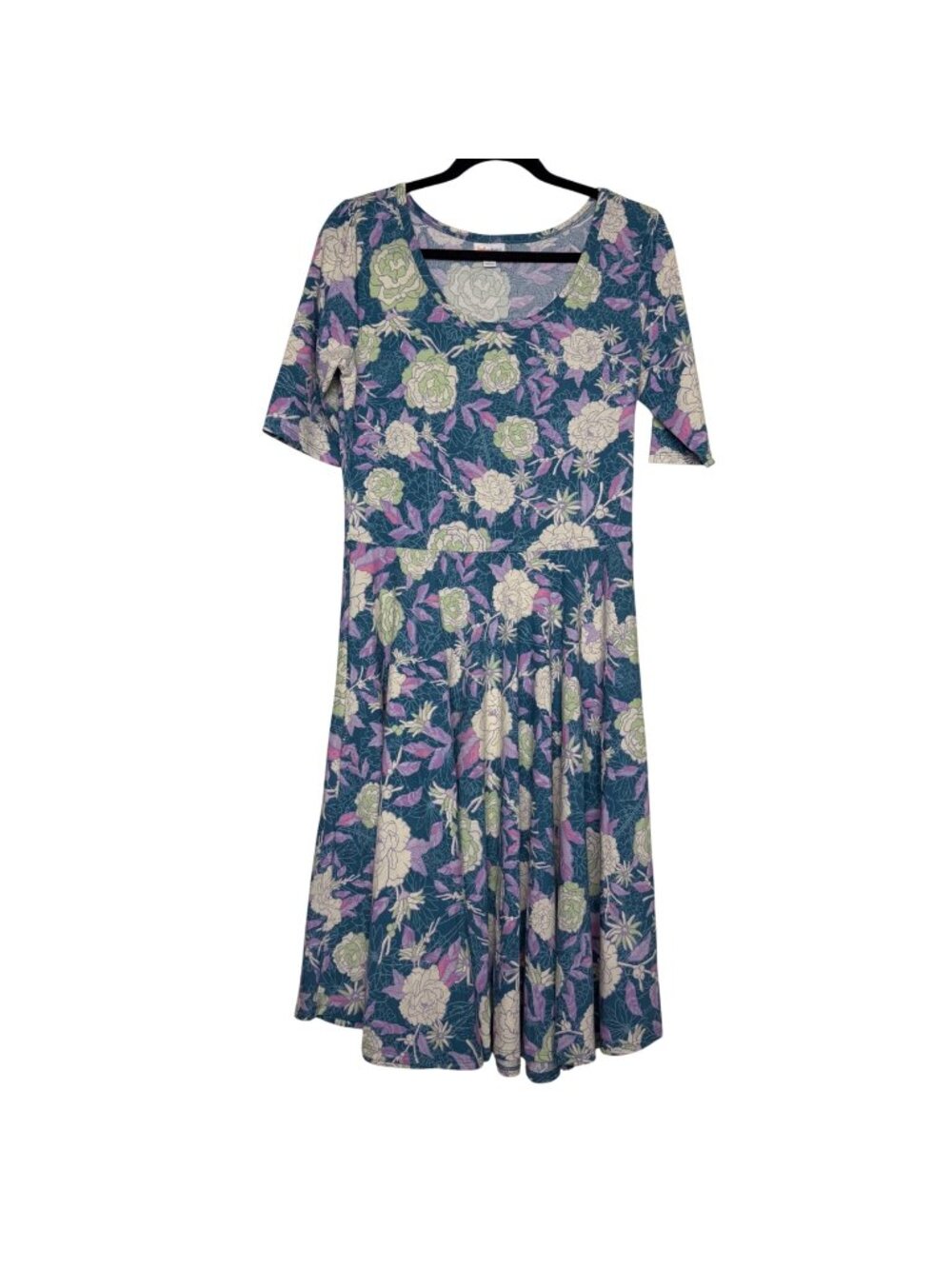 LuLaRoe Floral Print Swing Dress Large Blue Pink White Short Sleeves Casual